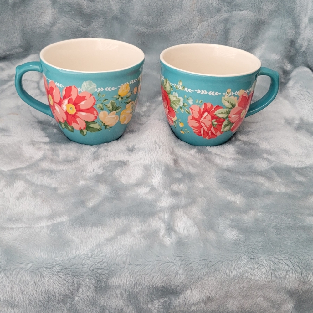 The Pioneer Woman Turquoise Floral Mugs with Pink and Red Flowers